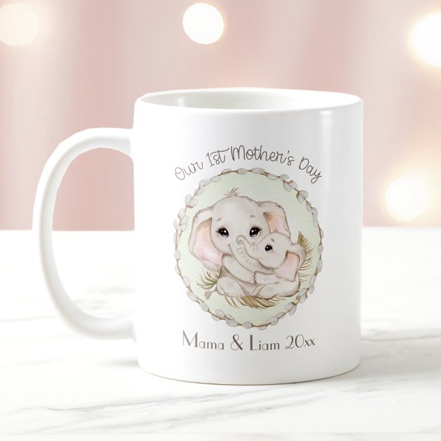 First Mother's Day Boy Green Elephant Personalized Coffee Mug (First Mother's Day Boy Green Elephant Personalized Coffee Mug)