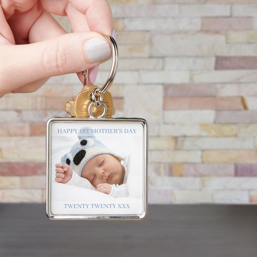 First Mothers Day Custom Year and Baby Boy Photo Keychain