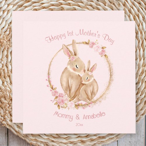 First Mothers Day Cute Bunny Girl Floral Pink Card