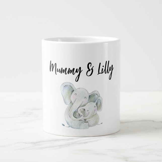 First Mothers Day Cute Mommy and Baby Elephant Giant Coffee Mug (Front)