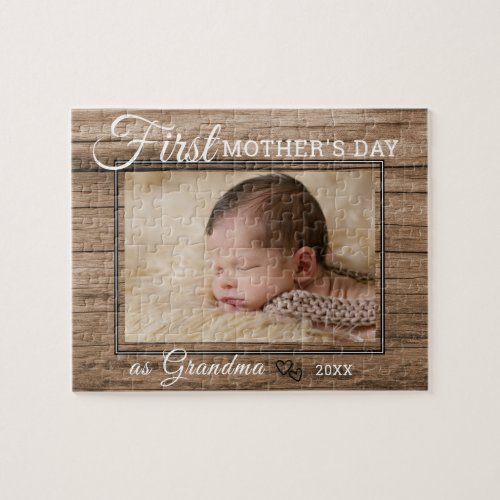 First Mothers Day Grandma Photo Rustic Wood Jigsaw Puzzle