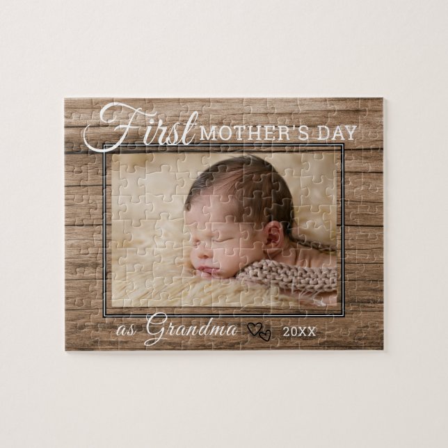First Mother's Day Grandma Photo Rustic Wood Jigsaw Puzzle (Horizontal)