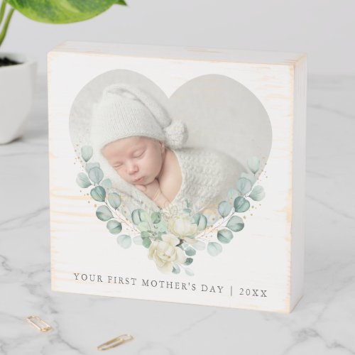 First Mothers Day Heart Photo Floral Wooden Box Sign