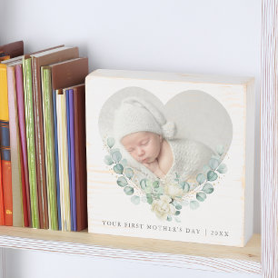 First Mother's Day Heart Photo Floral Wooden Box Sign