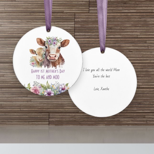 First Mother's Day Me and Moo Cute Mom Baby Cow Ceramic Ornament (First Mother's Day ornament with cute mommy and baby cow and fun pun to Me and Moo)