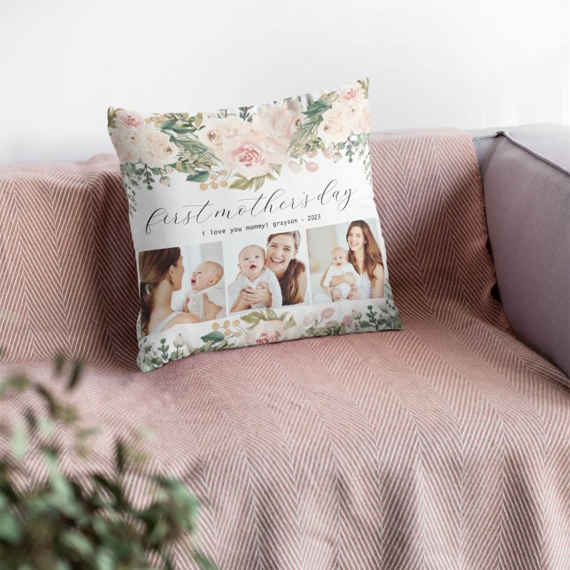 First Mother's Day Photo Collage Floral Throw Pillow (Creator Uploaded)