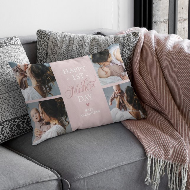 First Mothers Day Photo Collage Pink Lumbar Pillow (Creator Uploaded)