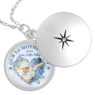 First Mother's Day Photo Heart Frame Baby Blue Bow Locket Necklace