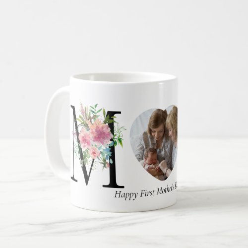 First Mothers Day Pink Black Floral Letters Photo Coffee Mug