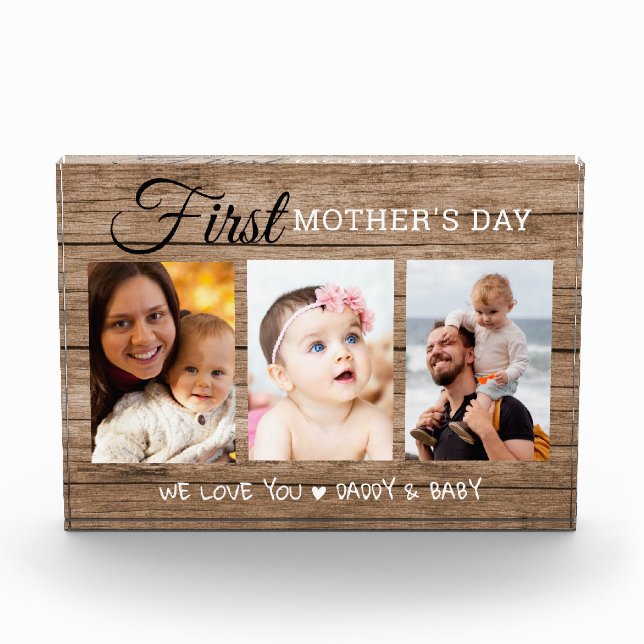 First Mother's Day Rustic Wood  3 Photo Block (Front)