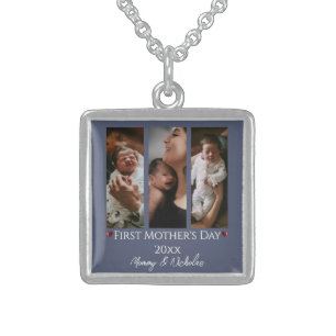First Mother's Day Three Photo Collage Blue Sterling Silver Necklace