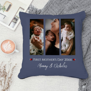 First Mother's Day Three Photo Collage Blue Throw Pillow
