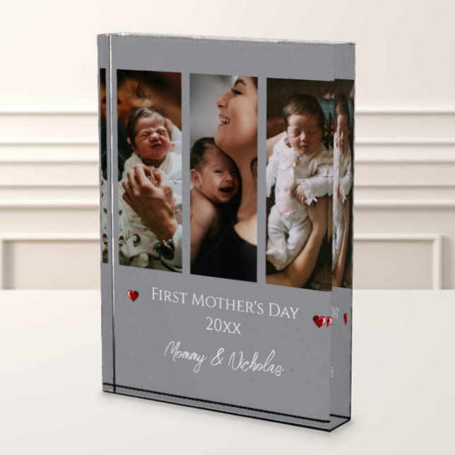 First Mothers Day Three Photo Collage | Gray (Gray First Mother's Day Three Photo Collage Photo Block)