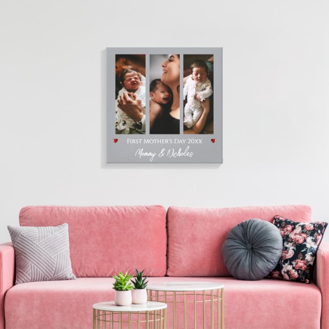 First Mother's Day Three Photo Collage | Gray Canvas Print (Insitu(LivingRoom))