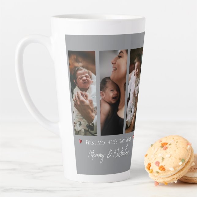 First Mother's Day Three Photo Collage | Gray Latte Mug (In Situ)