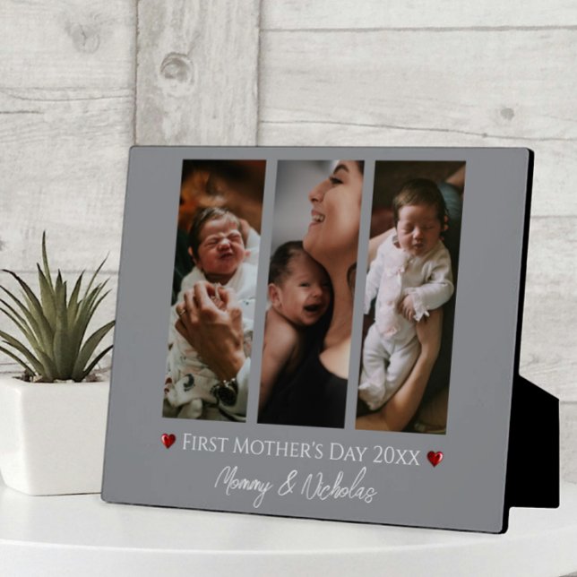 First Mother's Day Three Photo Collage | Gray Plaque (Gray First Mother's Day Three Photo Collage Plaque)