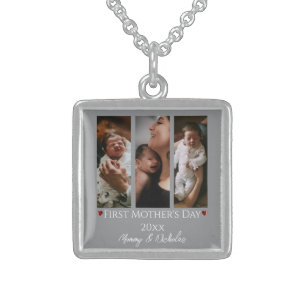 First Mother's Day Three Photo Collage Gray Sterling Silver Necklace