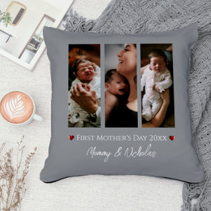 First Mother's Day Three Photo Collage Gray Throw Pillow