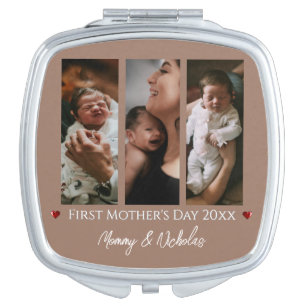 First Mother's Day Three Photo Collage Mocha Brown Compact Mirror