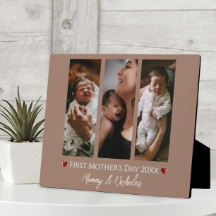 First Mother's Day Three Photo Collage Mocha Brown Plaque
