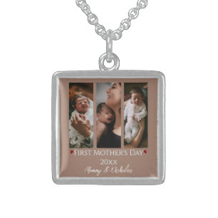 First Mother's Day Three Photo Collage Mocha Brown Sterling Silver Necklace