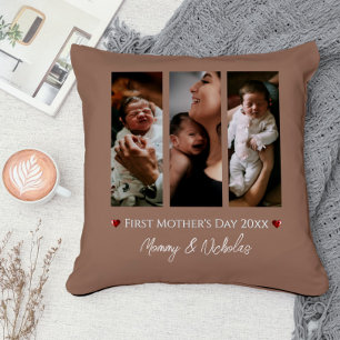 First Mother's Day Three Photo Collage Mocha Brown Throw Pillow