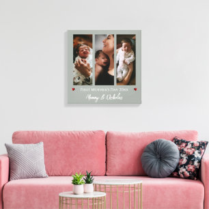 First Mother's Day Three Photo Collage Sage Green Canvas Print
