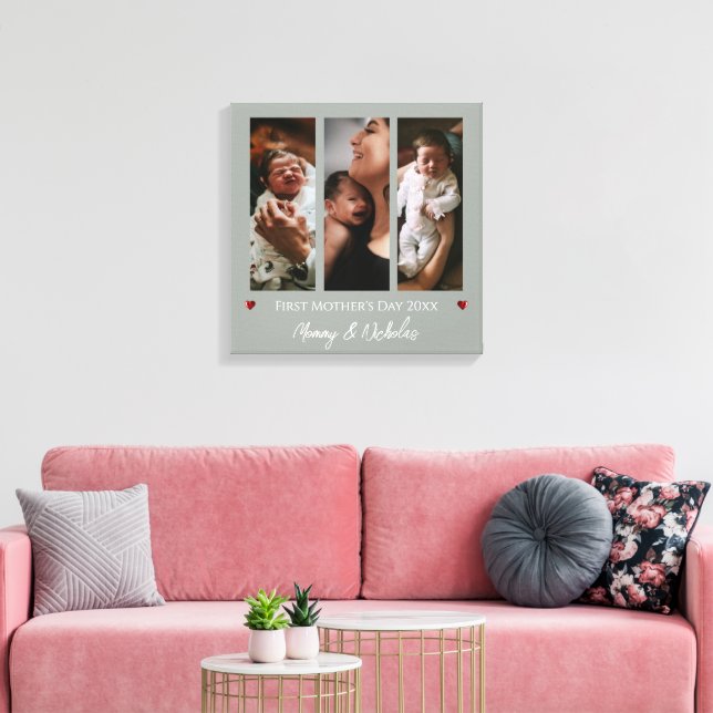 First Mother's Day Three Photo Collage Sage Green Canvas Print (Insitu(LivingRoom))