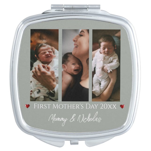 First Mother's Day Three Photo Collage Sage Green Compact Mirror (Front)