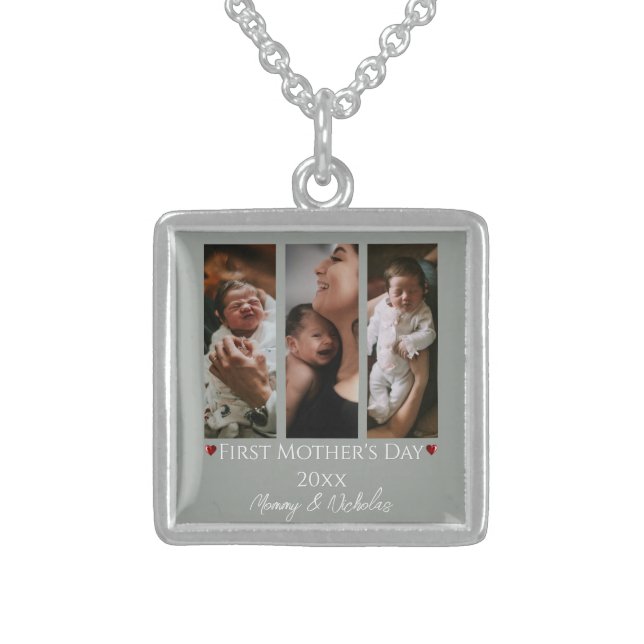 First Mother's Day Three Photo Collage Sage Green Sterling Silver Necklace (Front)