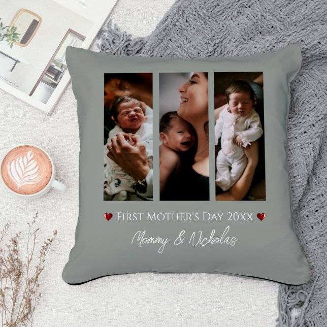 First Mother's Day Three Photo Collage Sage Green Throw Pillow (Sage Green First Mother's Day Three Photo Collage Throw Pillow)