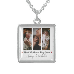 First Mothers Day Three Photo Collage Sterling Silver Necklace
