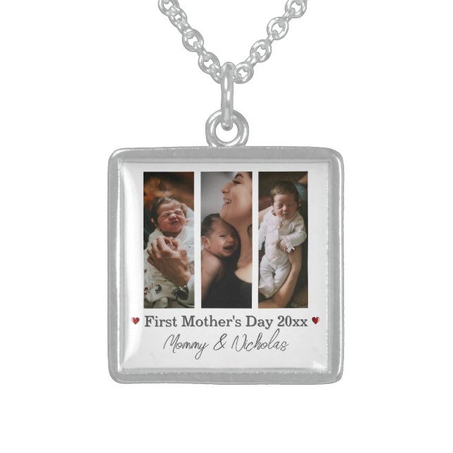 First Mothers Day Three Photo Collage Sterling Silver Necklace (Front)