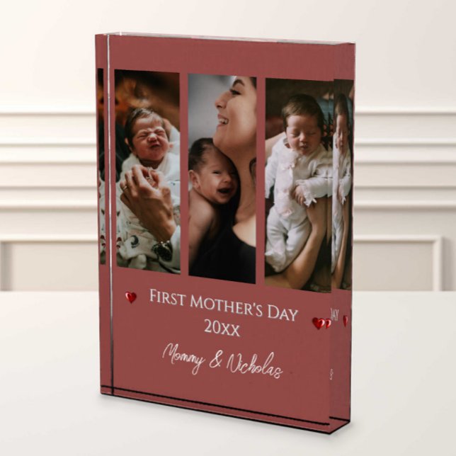 First Mother's Day Three Photo Collage Terracotta Block (Terracotta First Mother's Day Three Photo Collage Photo Block)