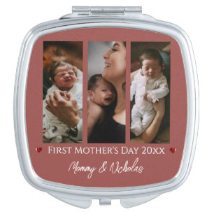First Mother's Day Three Photo Collage Terracotta Compact Mirror
