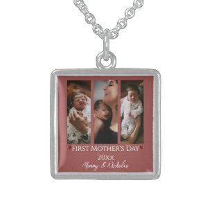 First Mother's Day Three Photo Collage Terracotta Sterling Silver Necklace