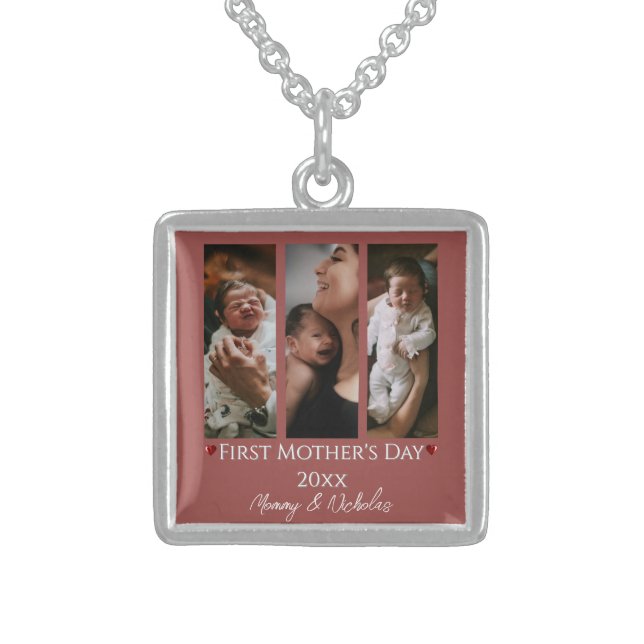 First Mother's Day Three Photo Collage Terracotta Sterling Silver Necklace (Front)