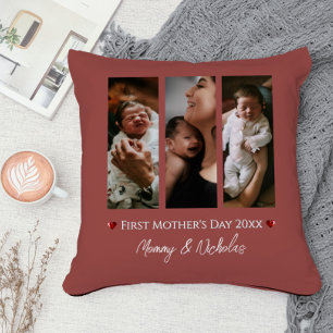 First Mother's Day Three Photo Collage Terracotta Throw Pillow
