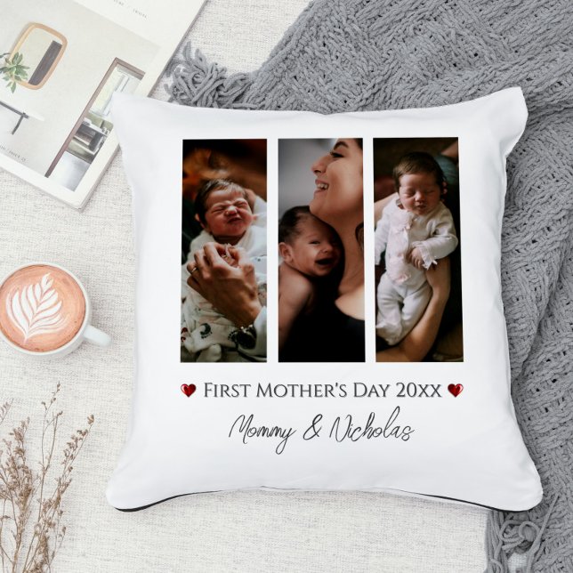 First Mother's Day Three Photo Collage  Throw Pillow (White First Mother's Day Three Photo Collage Throw Pillow)