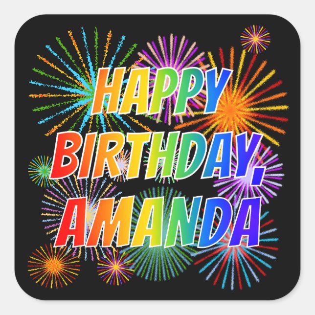 First Name "AMANDA", Fun "HAPPY BIRTHDAY" Square Sticker (Front)
