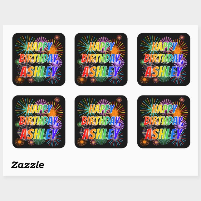 First Name "ASHLEY", Fun "HAPPY BIRTHDAY" Square Sticker (Sheet)
