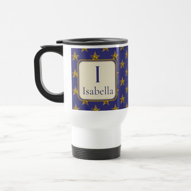 First Name Blue Gold Stars Monogram Initial  Travel Mug (Left)