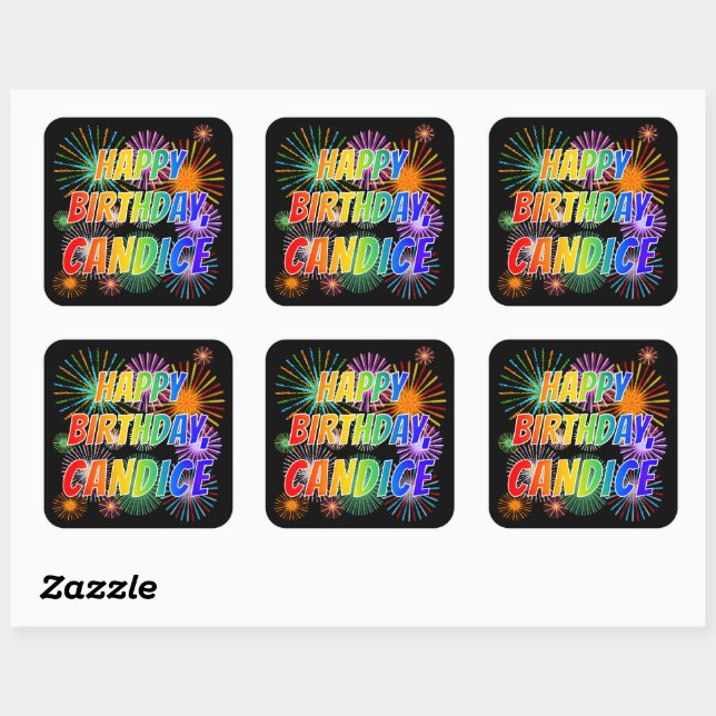 First Name "CANDICE", Fun "HAPPY BIRTHDAY" Square Sticker (Sheet)
