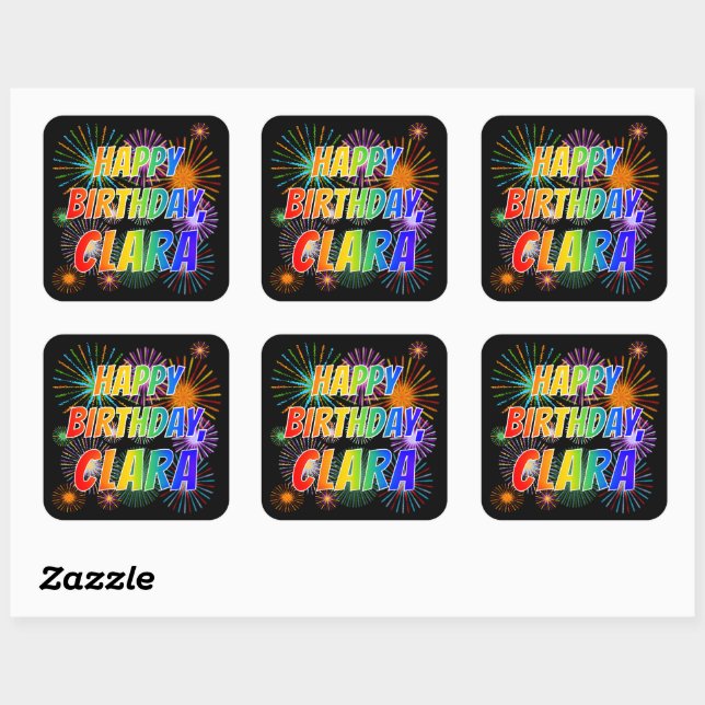 First Name "CLARA", Fun "HAPPY BIRTHDAY" Square Sticker (Sheet)