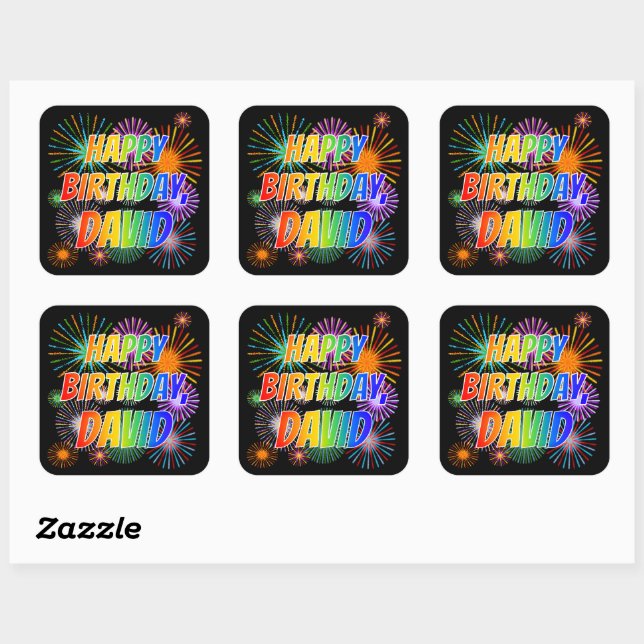 First Name "DAVID", Fun "HAPPY BIRTHDAY" Square Sticker (Sheet)