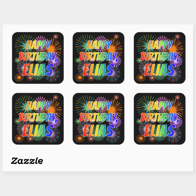 First Name "ELIAS", Fun "HAPPY BIRTHDAY" Square Sticker (Sheet)