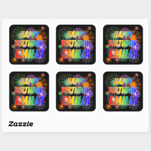 First Name "EMILIA", Fun "HAPPY BIRTHDAY" Square Sticker