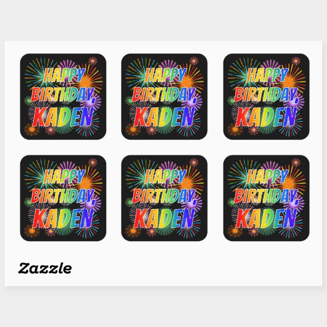 First Name "KADEN", Fun "HAPPY BIRTHDAY" Square Sticker (Sheet)