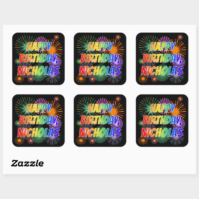 First Name "NICHOLAS", Fun "HAPPY BIRTHDAY" Square Sticker (Sheet)