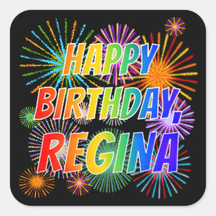 First Name "REGINA", Fun "HAPPY BIRTHDAY" Square Sticker